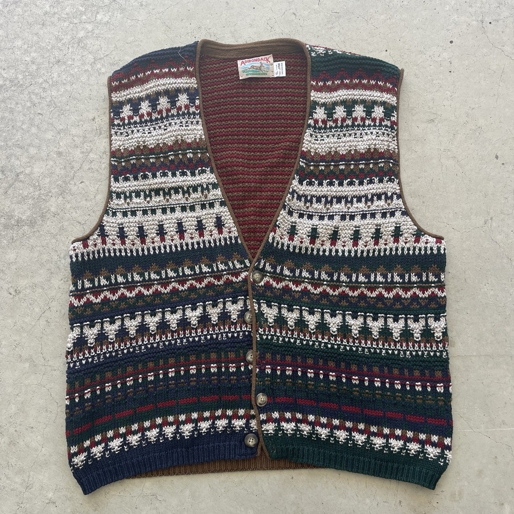 Vintage Adirondack Hand Knit Sweater Vest Geometric Men's Size XL 100% Cotton